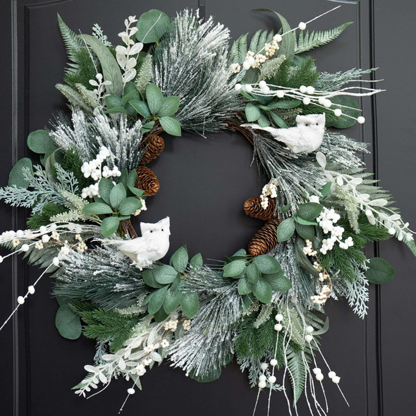 Winter Wreaths for Front Door 24 Inch Snowy Flocked Christmas Wreath Artificial Green Olive Eucalyptus Wreath with Cute White Owl,Pine Cones,Cedar,White Berries for Indoor Outdor Decor Winter Wreaths for Front Door 24 Inch Snowy Flocked Christmas Wreath Artificial Green Olive Eucalyptus Wreath with Cute White Owl,Pine Cones,Cedar,White Berries for Indoor Outdor Decor