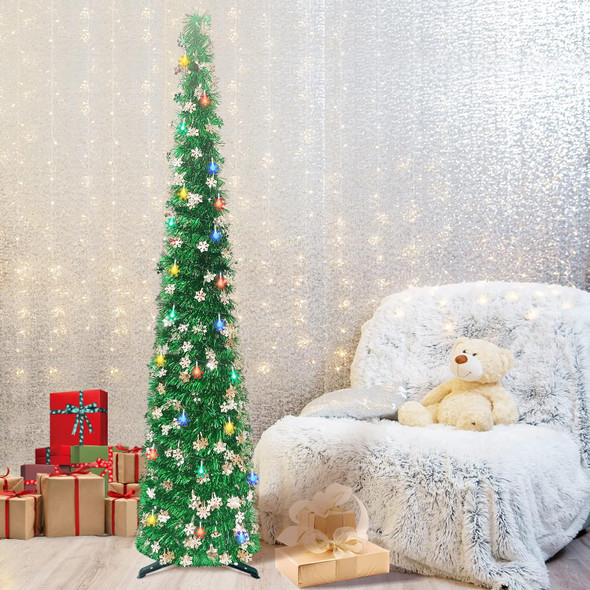 Pop Up Christmas Tree with Lights, 5FT 50LED Pencil Christmas Tree with Silver Snowflake Sequins, Artificial Green Tinsel Skinny Christmas Tree Collapsible Tree for Indoor, Party, Xmas, Home Decor