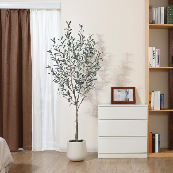 Artificial Olive Tree,6ft Tall Faux Olive Trees with White Planter,Large Fake Olive Plant with Natural Wood Trunk/Realistic Leaves Fruits for Home Office Decor Indoor and Housewarming