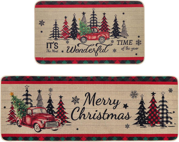 Christmas Kitchen Mats Set of 2, Truck and Tree Plaid Christmas Kitchen Decor Christmas Runner Rug and Mat Set, Low-Profile Kitchen Rugs for Floor(17x29 and 17x47 Inch)