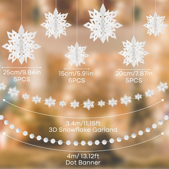 PLULON 18 Pcs 3D Christmas Snowflake Hanging Decorations Winter Wonderland Party Ornament White Snowflakes Garland Paper Snow Flakes Indoor for Christmas Year Baby Shower Birthday Home Decorations