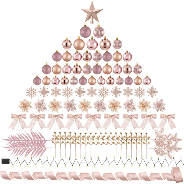 Poen 108 Pcs Christmas Tree Ornament Set Including Xmas Tree Ball Glitter Poinsettia Bows Berries Stems Leaves Snowflakes Ribbon Lights for Christmas Decoration(Rose Gold)