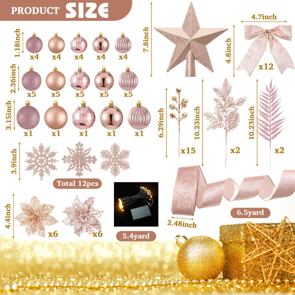 Poen 108 Pcs Christmas Tree Ornament Set Including Xmas Tree Ball Glitter Poinsettia Bows Berries Stems Leaves Snowflakes Ribbon Lights for Christmas Decoration(Rose Gold)