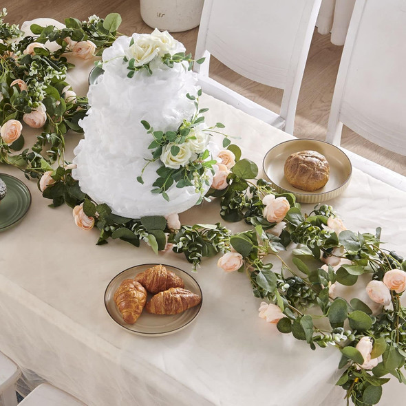 Flower Garland, Artificial Rose Vine Flowers with Green Leaves, Hanging Fake Roses Vine for Room Anniversary Wedding Birthday Christmas Wall Arch Decor, 2 Vines Champagne Floral Garland