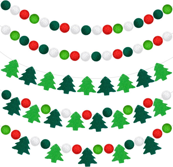 Preboun 5 Pack Christmas Felt Ball Garland Christmas Tree Pom Pom Garland Colourful Felt Balls Red White and Green Pompom Bead String Hanging Garland Banner for Xmas Holiday Wall Home Decor