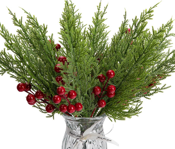 60 Pcs/Set Christmas 3D Artificial Pine Branches- 12.5 Inch Faux Evergreen Cedar Sprigs Branches- Fake Foliage Pine Needles Picks with Artificial Red Berry Stems for DIY Christmas Decoration