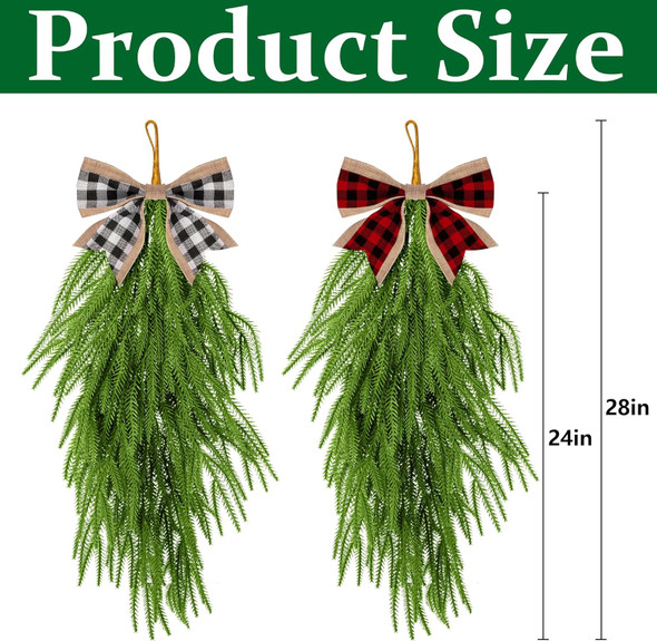 2 Pcs Artificial Christmas Teardrop Swag with Plaid Bow- 28" Faux Pine Needles Teardrop Door Swag- Christmas Norfolk Greenery Teardrop Wreath for Xmas Door Mantle Fireplace Indoor Outdoor Decor