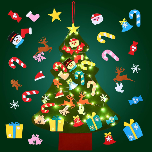 3.3FT DIY Felt Christmas Tree Kits Decorations, Christmas Wall Hanging Ornaments Crafts with 26 accessories，5m Lights string for Party/Home Wall Decor & Kids/Toddler DIY Felt Christmas Favors Supplies