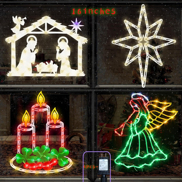 Christmas Decorations - 16" Christmas Window Silhouette Lights - 4 Pack Colour Lighted Nativity & Angel & Bethlehem Star & Candle for Holiday Indoor and Outdoor Wall Door Window Decorate