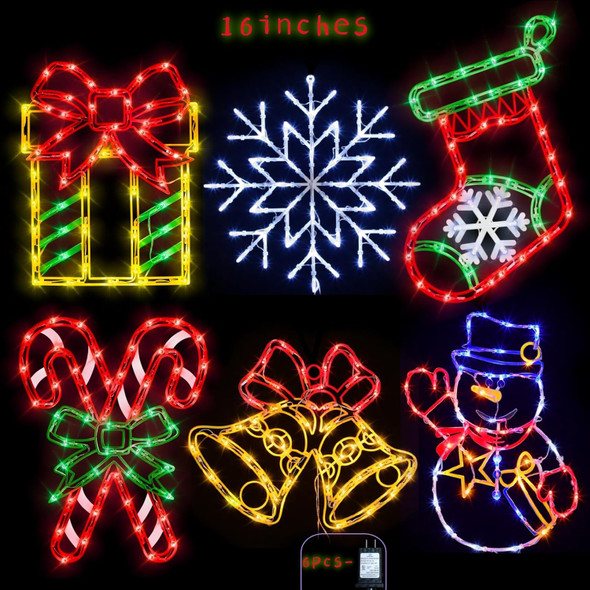 16" Christmas Window Silhouette Lights Decorations - 6 Pack Colour Lighted Candy Cane ＆ Snowman ＆ Christmas Stocking ＆ Bell ＆ Box ＆ Snowflake for Holiday Wall Door Window Decorate