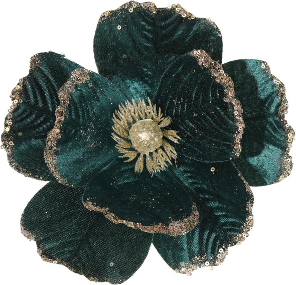 6 Pcs Large Glitter Christmas Flowers 8.3’’ Artificial Magnolia Flower Velvet Fold Christmas Tree Flower Decorations Xmas Tree Year Party Wedding Ornaments (Blackish Green)