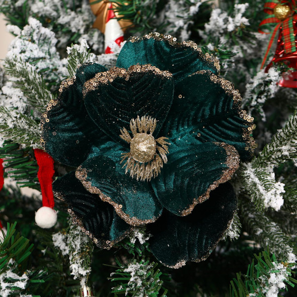 6 Pcs Large Glitter Christmas Flowers 8.3’’ Artificial Magnolia Flower Velvet Fold Christmas Tree Flower Decorations Xmas Tree Year Party Wedding Ornaments (Blackish Green)