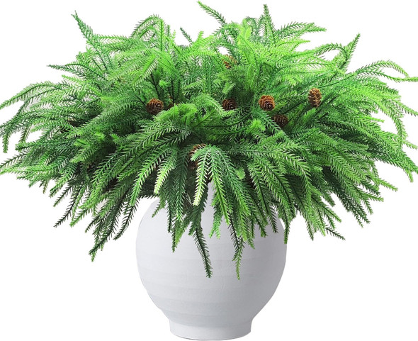 22 Inch Christmas Norfolk Pine Branches with Pine Cones, 12 Pcs Real Touch Norfolk Pine Stems, Artificial Pine Branches, Norfolk Pine Picks for Xmas Wreath Garland Indoor Outdoor Home Decor