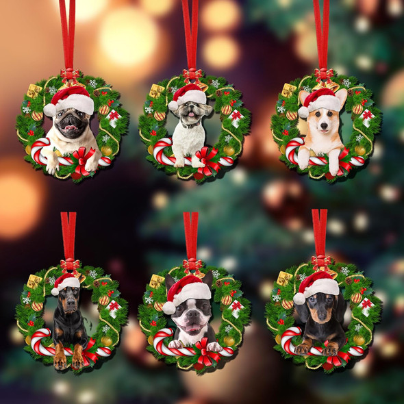 6 Pieces Dogs Wreath Ornaments Christmas Tree Ornament Chirstmas Home Decor Decorative Hanging Ornaments Decorations for Xmas Holiday Set B