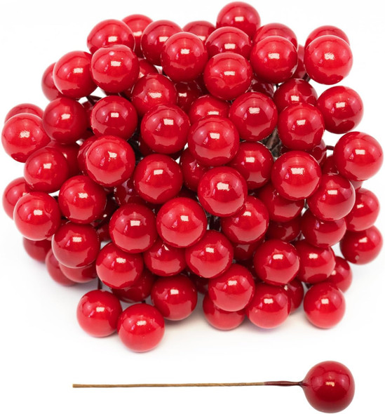 Quacc 100pcs Red Artificial Holly Berries Lovely 0.4" Fake Berries on Wire Realistic Berries for Christmas Tree Garland Flower Wreath Decorations Wreath DIY Craft Use