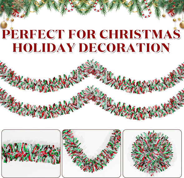 50FT Red Green White Christmas Tinsel Garland Metallic Twist Decoration for Xmas Tree, Year, Birthday Party, Holiday Decor, Indoor & Outdoor Supplies