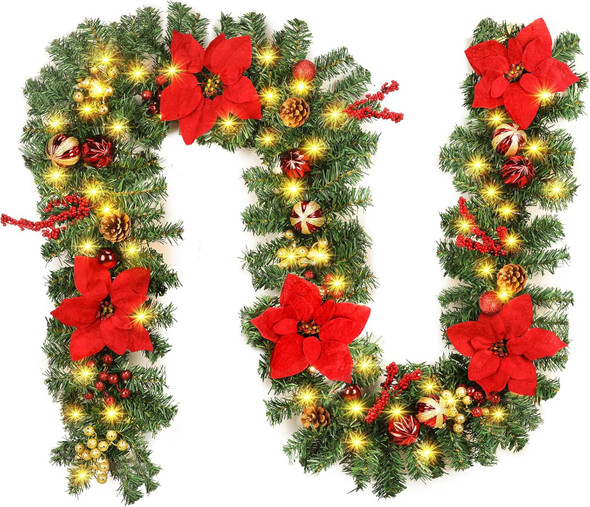 Quntis 9FT Poinsettia Christmas Garland with Lights, Garland Christmas Decorations with Pine Cones, Berry Clusters, 8 Mode Timer Artificial Xmas Garland for Mantle Door Fireplace Window Stairs Holiday