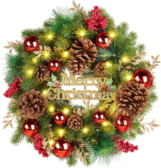 Quntis Merry Christmas Wreath with Lights, 16 Inch Pre-Lit Christmas Front Door Wreath with 8 Modes Timer, Artificial PineCones Red Berries Xmas Red Balls for Indoor Outdoor Fireplace Window Decor