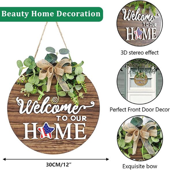 Interchangeable PVC Faux Wood Seasonal Welcome Sign, Rustic Round Wood Wreath Wall Hanging Outdoor for Housewarming , Seasons Holiday Fall Halloween Christmas Decoration.(Size: 12")
