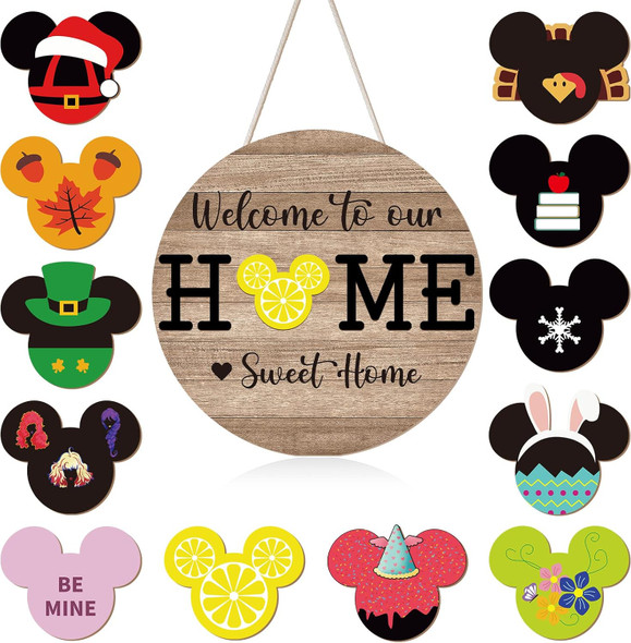 13 Pcs Christmas Mouse Welcome Door Sign,Seasonal Interchangeable Wreaths Rustic Wood Hanging Signs Welcome to Our Home Door Sign Hangers Decor for Housewarming s Outdoor Porch