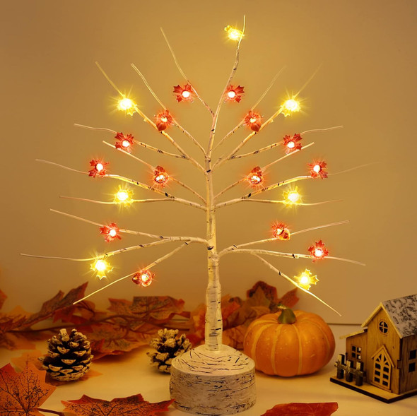 Christmas Table Decorations, Birch Trees with 18 LED Lights Maple Acorns Tree Artificial Birch Branches Battery Powered Lighted Birch Tree for Christmas Year Tabletop Indoor Home Room Decor
