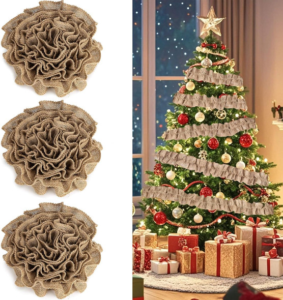 Burlap Ribbon - RAINFLOW 3 Pack Christmas Tree Skirt Decorations for Home Crafts Burlap Roll Jute Burlap Fabric Garland Vintage Home Decor Ruffle Tree Skirt 9 ft 2.7 Inch Wide