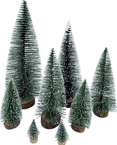 Rainmae 8Pack Tabletop Small Flocked Artificial Christmas Tree, Artificial Xmas Pine Tree, Mini Snow Covered Faux Tree with Wooden Bases for Xmas Holiday Party Home Handicraft Decor Desktop Ornaments
