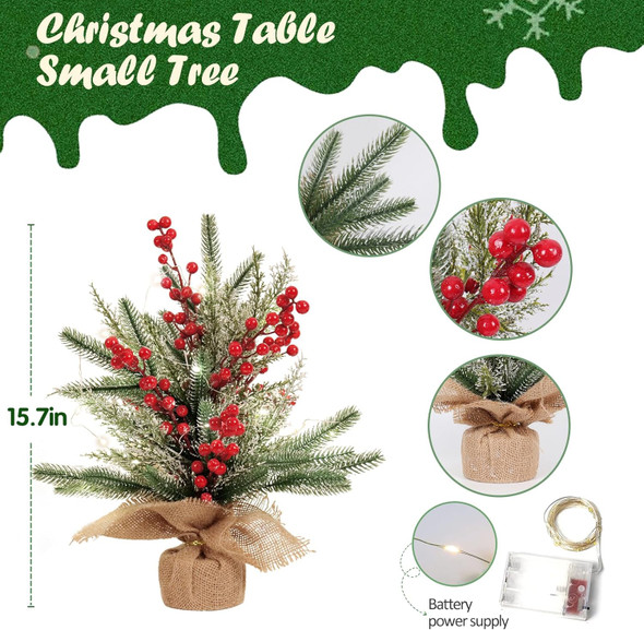 RECUTMS Tabletop Mini Christmas Tree Small Christmas Tree with Lights for Table Faux Miniature Xmas Trees with Red Berries Burlap Base Pine Branches Artificial Trees Indoor Home Decor s