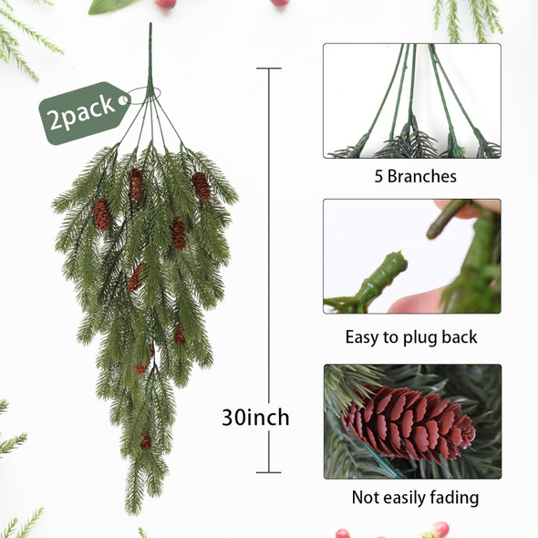 2 Pack Artificial Pine Branches with Pine Cones Green Plants Pine Needles Artificial Hanging Plants Outdoors DIY Accessories for Outdoors for Wreath Christmas and Home Garden Decoration(Green)