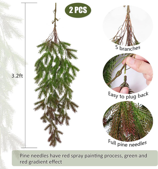 RECUTMS 2Pcs Christmas Pine Garland 3.3FT Hanging Fake Pine Needle Plants Faux Greenery Winter Norfolk Pine Swag Artificial Wreath Decor for Christmas Indoor Outdoor Holiday Table Mantel Winter (Red)
