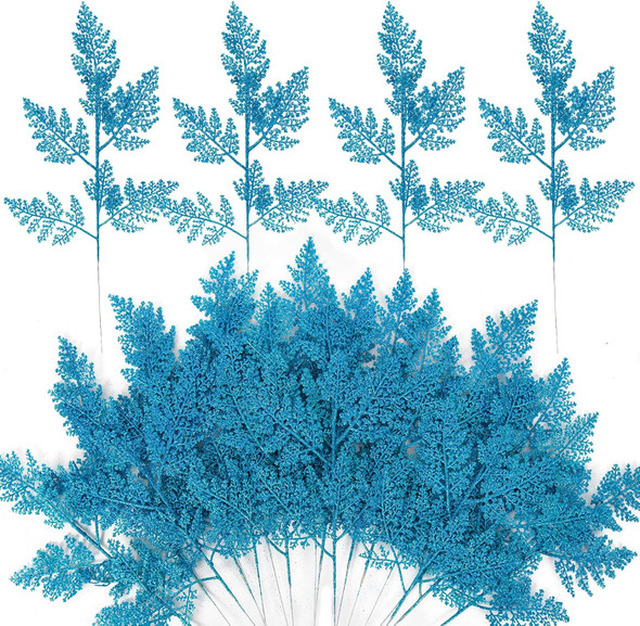 Christmas Artificial Pine Needles Stems 17.3In Glitter Branches Pine Leaves Picks Christmas Tree Filler Branches Fake Floral Twig Stems for DIY Garland Flower Home Wreaths Holiday Winter Decor(Blue)