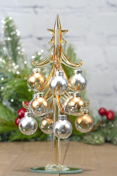 Red Co. 8" Small Glass Tabletop Christmas Tree with Removable Ball Ornaments, Silver & Gold Champagne, Holiday Season Décor
