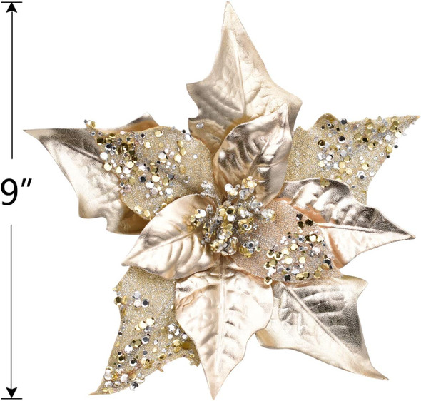 6pcs Artificial Christmas Poinsettias for Decoration, Glitter Flower Christmas Tree Ornaments Wedding Holiday Wreath Garland Decor with Clip(Champagne Gold)