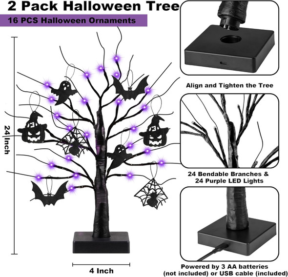 2 Pack 24 Inch Black Halloween Tree with 24 LED Purple Lights, Timer/USB/Battery Operated Halloween Table Decorations Lighted Tree, Cute Halloween Decorations Indoor Halloween Home Decor Party Room