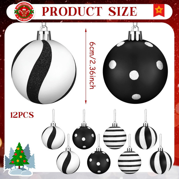 12 Pcs Christmas Ball Ornaments 2.4 Inch Black and White Christmas Hanging Balls Red Green Glittering Balls Elf Plastic Balls for Xmas Tree Decoration(Fresh Style)
