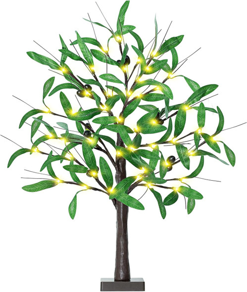 2FT Lighted Olive Tree - 24 Inch Light Up Olive Tree with 36 LED Lights, 12 Fruits, 72 Leaves, Timer Battery Operated Table Top Artificial Lighted Tree for Wedding Party Tabletop Decorations Indoor