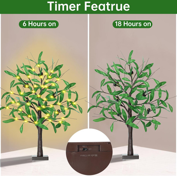 2FT Lighted Olive Tree - 24 Inch Light Up Olive Tree with 36 LED Lights, 12 Fruits, 72 Leaves, Timer Battery Operated Table Top Artificial Lighted Tree for Wedding Party Tabletop Decorations Indoor
