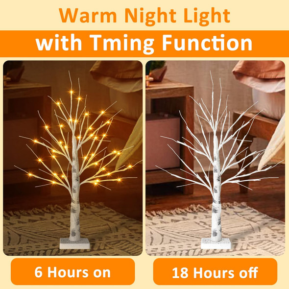 Remon 2FT Birch Tree Light with 36 LEDs Tabletop Lamp with Timer, Lifelike Artificial Hand Drawn Tree for Home Party Wedding Holiday, Jewelry Holder, Battery Operated Small Christmas Tree(2PK)