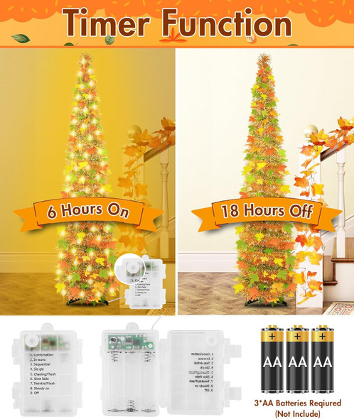 5FT Fall Pop Up Tree with 60 Lights, Lighted Fall Artificial Tinsel Maple Trees, Battery Operated with Timer Collapsible Tinel Maple Tree Fall Harvest Thanksgiving Porch Home Party Decor