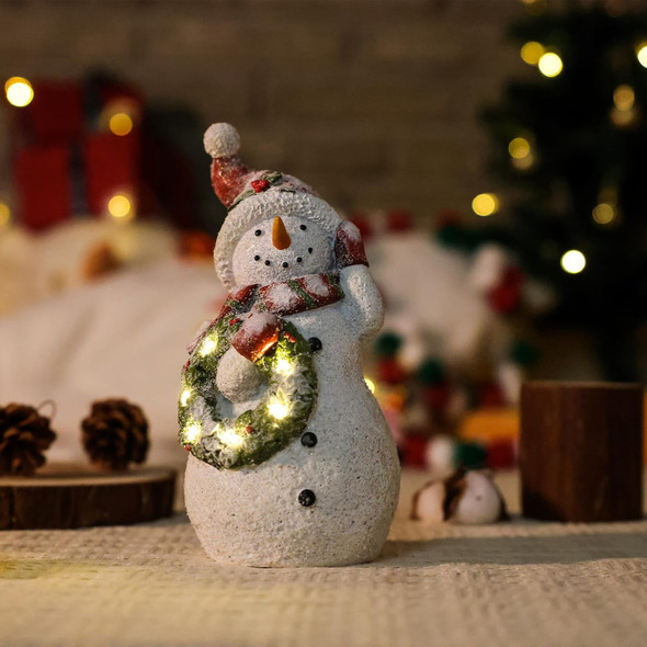 Christmas Snowman Decor Christmas Figurines Resin Snowman Lighted Decorations Indoor Glowing Wreath LED Holiday Light Up Snowman Snowman Xmas Decor for Home Kitchen Holiday Party