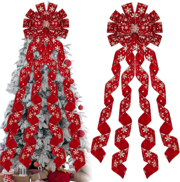 Riceshoot Extra Long Christmas Tree Topper 13 x 53 Inch Large Red Ribbon Topper Bow for Wreath White Snowflake Burlap Bow for Christmas Xmas Tree Decoration Front Door Home Holiday Decor(Christmas)