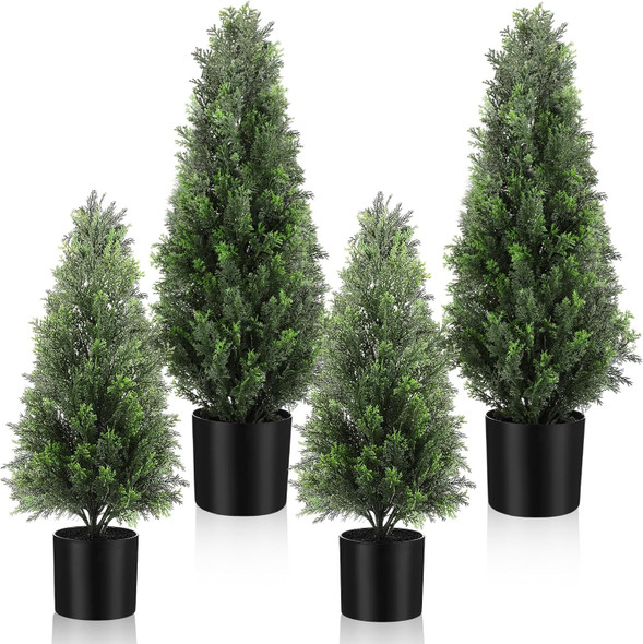Riceshoot 4 Pcs Artificial Topiary Trees Artificial Cedar Trees UV Resistant Potted Faux Trees Plants Fake Shrub Trees Plastic Green Pine for Porch Garden Office Front Door Indoor Decor (1.5ft,2ft)
