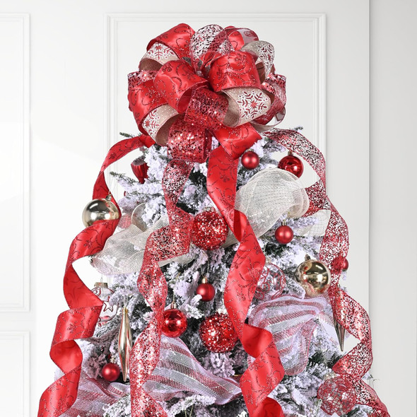 Red Linen Snowflake Glitter Topper Bow for Christmas Tree 11 Inch Topper Bow with 4 Ribbons 3 Yards Long Each Tails Christmas Tree Ribbon Bows Elegant Holiday Décor