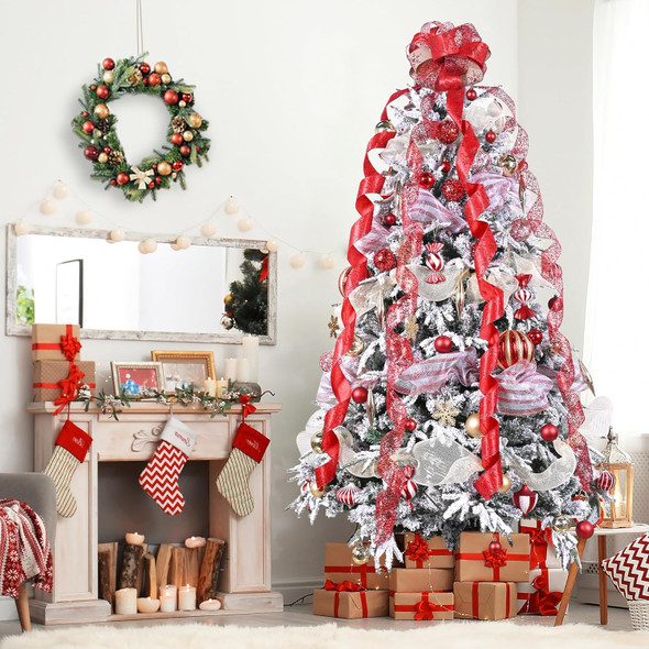 Red Linen Snowflake Glitter Topper Bow for Christmas Tree 11 Inch Topper Bow with 4 Ribbons 3 Yards Long Each Tails Christmas Tree Ribbon Bows Elegant Holiday Décor