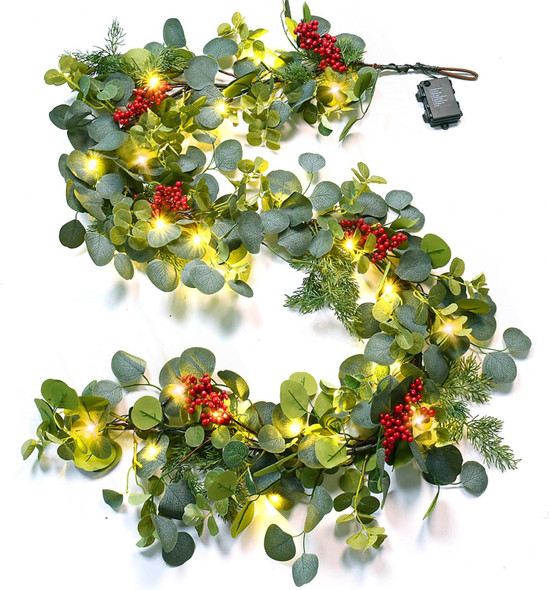 Rocinha 6.3FT Christmas Garland for Decoration, Artificial Pine Eucalyptus Garland, Pre-lit Holiday Greenery Garland, Christmas Garlands for Fireplace Holiday, Indoor & Outdoor Decorations