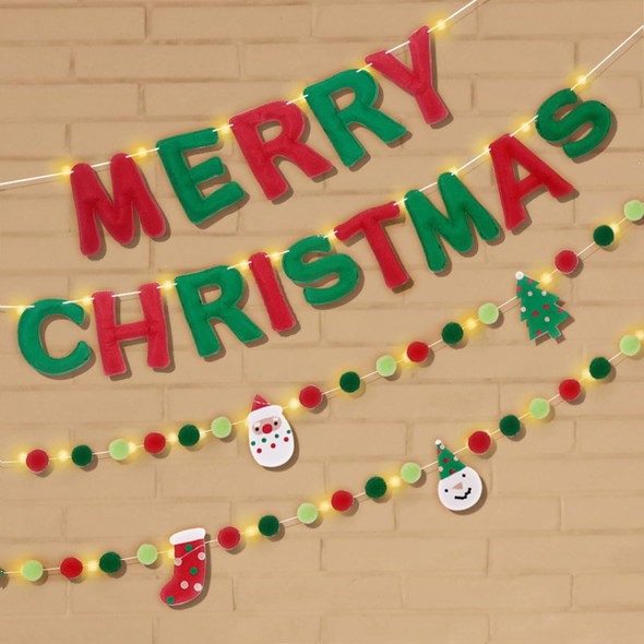 Pre-Strung Merry Christmas Banner, Christmas Felt Fabric Banner(with Lights), Red and Green Felt Ball Garland Reusable Christmas Decorations Indoor Outdoor, Fun Xmas Party Supplies