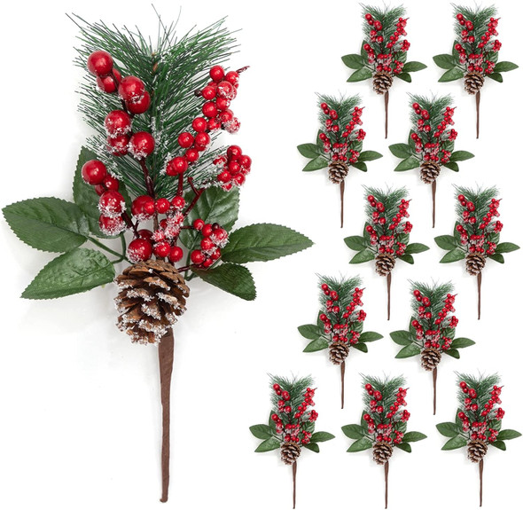Artificial Christmas Picks, 12 PCS 12" Pine Branches Red Berry Twig Stems Pinecones Holly Snow Flocked Spray Flowers for Christmas Tree Wreath Floral Arrangement Winter Holiday Season Décor