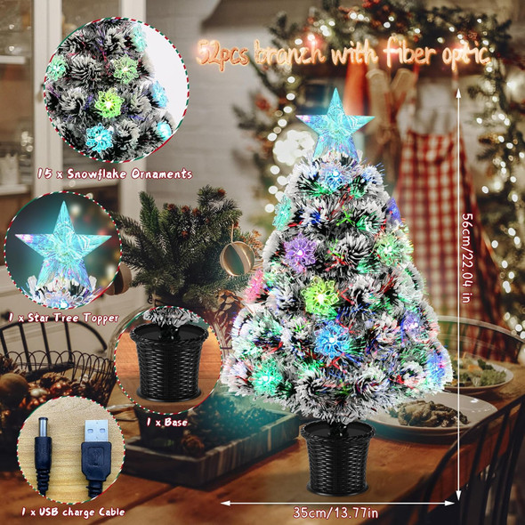 Pre-Lit Fiber Optic Christmas Tree 22inch Small Tabletop Christmas Tree Artificial Xmas Tree with Snowflake,Top Star, RGB Lights,Battery/USB Operated for Desktop,Holiday