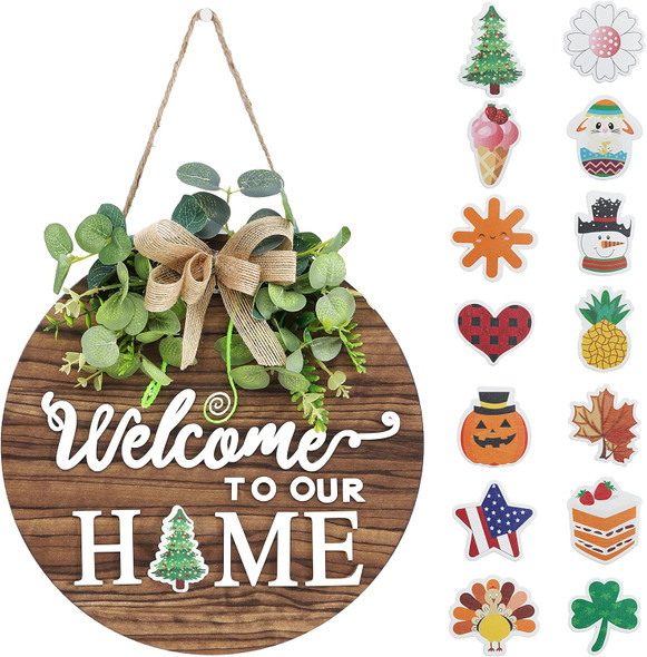Interchangeable Seasonal Welcome Sign Front Door Decoration, Rustic Round Wood Wreaths Wall Hanging Outdoor, Farmhouse, Porch, for Spring Summer Fall All Seasons Holiday Halloween Christmas. Interchangeable Seasonal Welcome Sign Front Door Decoration, Rustic Round Wood Wreaths Wall Hanging Outdoor, Farmhouse, Porch, for Spring Summer Fall All Seasons Holiday Halloween Christmas.