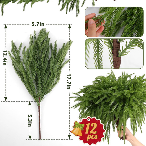 12 Pcs Christmas Norfolk Pine Branches, Norfolk Pine Artificial Christmas Stems DIY Crafts Faux Christmas Greenary Norfolk Pine Branches for Xmas Wreath Garland Home Decor (12)
